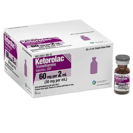 Box of Sagent Ketorolac Tromethamine Injection 60 mg Per 2 mL Vials x 25 Pac
