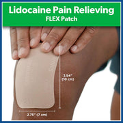 Lidocaine pain relieving FLEX patch being applied to a person's knee with measurements displayed.