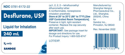 Package Label for Sandoz Desflurane Liquid for Anesthesia Inhalation 240 mL
