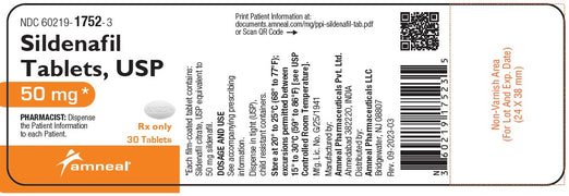 Package Label for Sildenafil Citrate Tablets 50 mg by Amneal 30 Count 