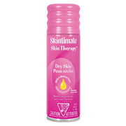Pink Skintimate Skin Therapy moisturizing shave gel for dry skin in a 7 oz aerosol can with a ribbed cap, featuring product details and caution label