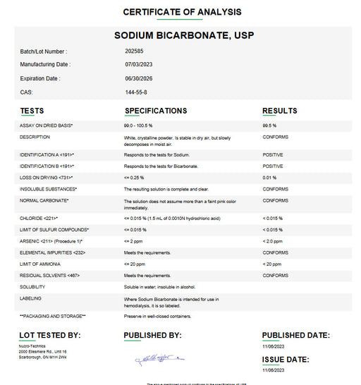 Certificate of Analysis for Sodium Bicarbonate USP For Compounding (API) by Medisca