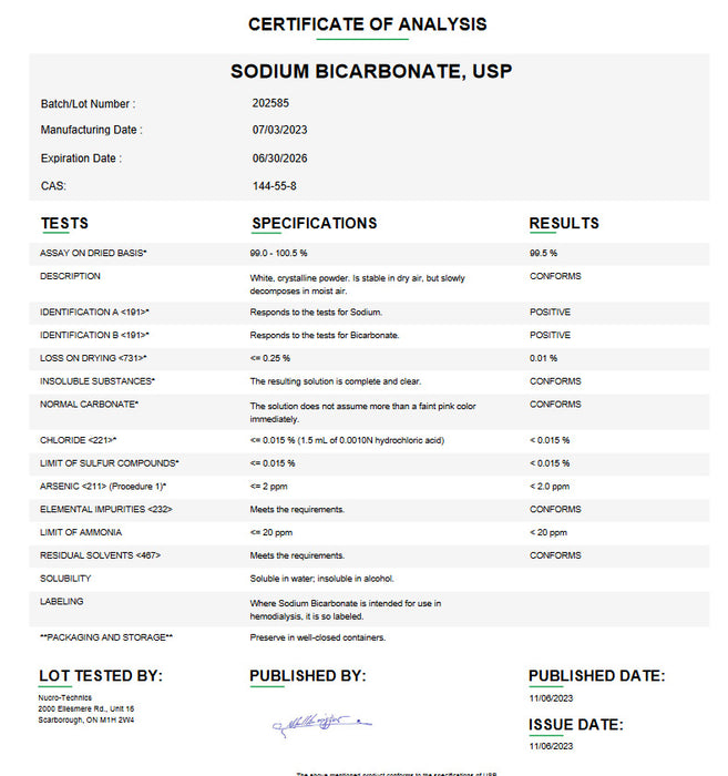 Certificate of Analysis for Sodium Bicarbonate USP For Compounding (API) by Medisca