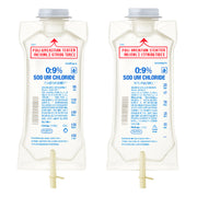 Two packages of 0.9% Sodium Chloride solution on a white background