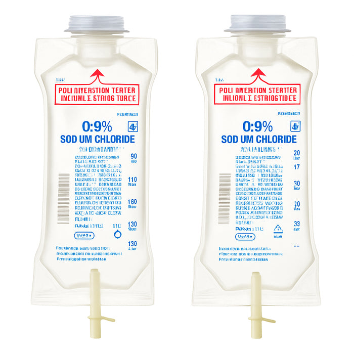 Two packages of 0.9% Sodium Chloride solution on a white background