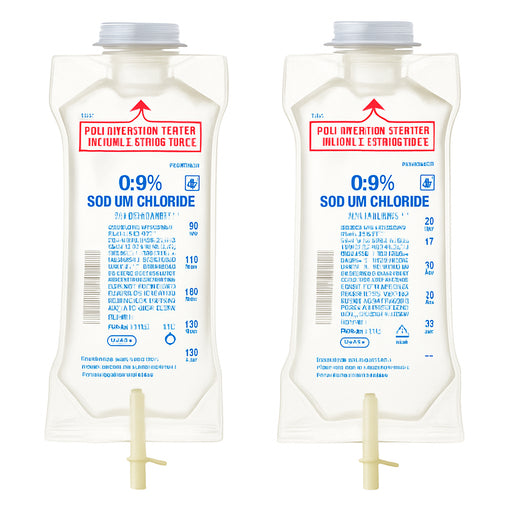 Two pack ofSodium Chloride 0.9% Injection IV Bags 250mL by Hospira on white background.