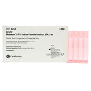 Box of AirLife Modudose 0.9% Sodium Chloride Inhalation Solution 3 mL unit dose vials in pink sterile packaging for respiratory therapy, 100 vials