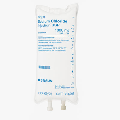 Braun sodium chloride injection IV bag on a white background
