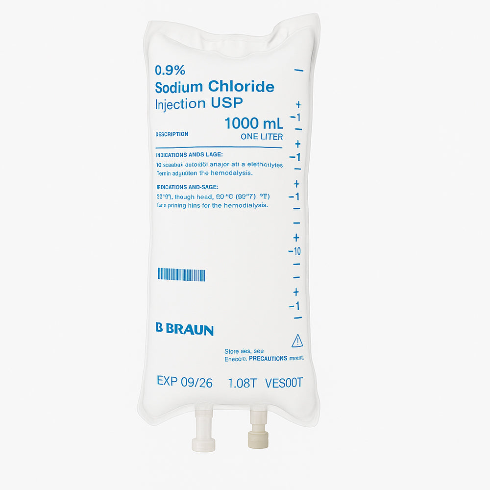 Braun sodium chloride injection IV bag on a white background