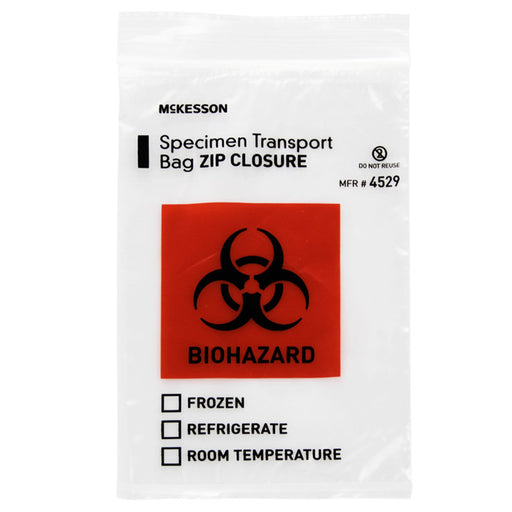 Specimen transport bag with biohazard symbol and temperature instructions on a white background