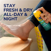 Person applying Dr. Scholl's Odor X No Sweat Dry Foot Spray to foot, demonstrating all-day freshness and dryness, SKU: 59844-1400-00