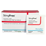 Box of StingFree liquid skin prep and shield barrier wipes, alcohol-free disposable wipes in white and red packaging for medical skin protection.