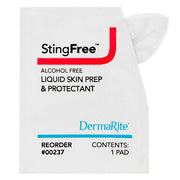 Single StingFree alcohol-free liquid skin prep and protectant pad, white with red and blue accents, for medical skin barrier application.
