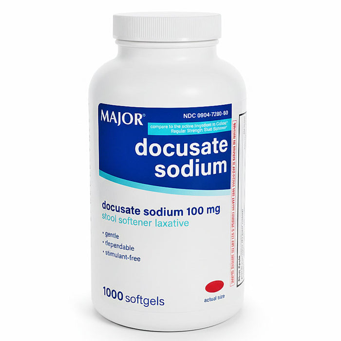 Stool Softener Laxative Docusate Sodium 100 mg, Bulk Bottle 1000 Softgels by Major Pharma
