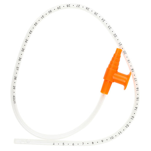 A clear plastic drip chamber tube with black size markings and an orange plastic drip chamber adapter, shown on a white background.