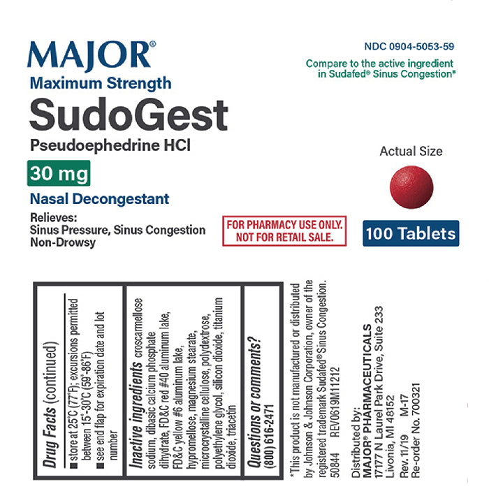 Major Pharmaceuticals SudoGest Maximum Strength Nasal Decongestant 30 mg Tablets Non Drowsy 100 Count | Mountainside Medical Equipment 1-888-687-4334 to Buy