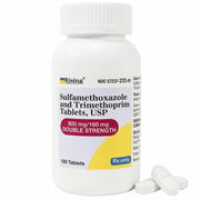 White bottle of Sulfamethoxazole and Trimethoprim 800mg/160mg double strength tablets with label showing Rx only and 100 tablets, medication for UTI treatment
