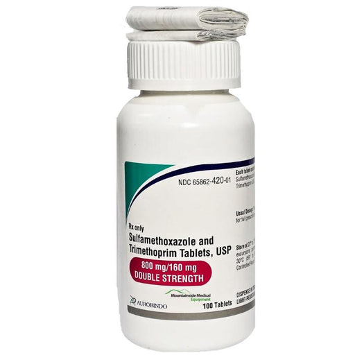 Sulfamethoxazole and Trimethoprim 800mg/160mg tablets used for antibiotic treatment of bacterial infections and UTI relief.