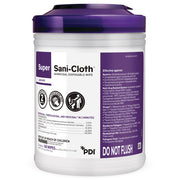 A container of Super Sani Cloth Germicidal Disposable Wipes by PDI, ideal for infection control and hygiene.