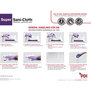 Instructions for using Super Sani-Cloth germicidal disposable wipes.