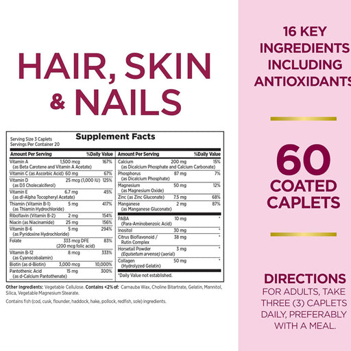 Supplement facts for Hair Skin and Nails Multivitamin by Natures Bounty