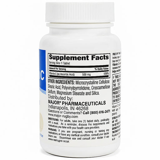Supplement Facts for Vitamin C 500 mg Supplement as Ascorbic Acid 100 Tablets by Major Pharmaceutical