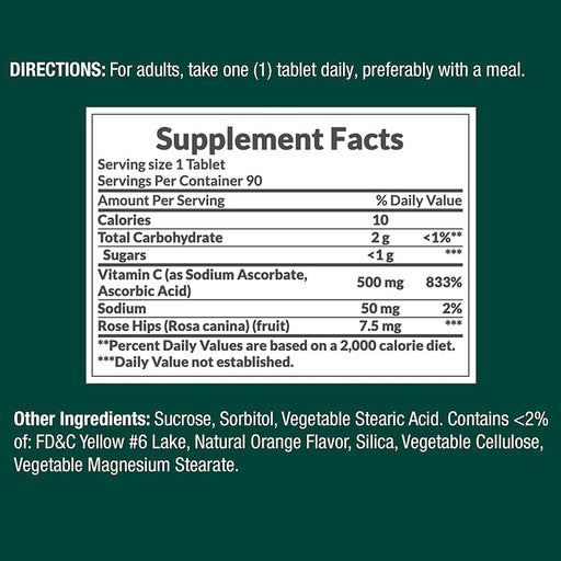 Supplement Facts for Vitamin C 500 mg with Rose Hips Chewable Tablets