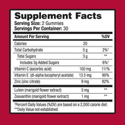 Nutritional facts label on Ocuvite Eye Health Gummies bottle showing serving size, calorie count, and key nutrients like lutein, zeaxanthin, vitamins C & E, and zinc