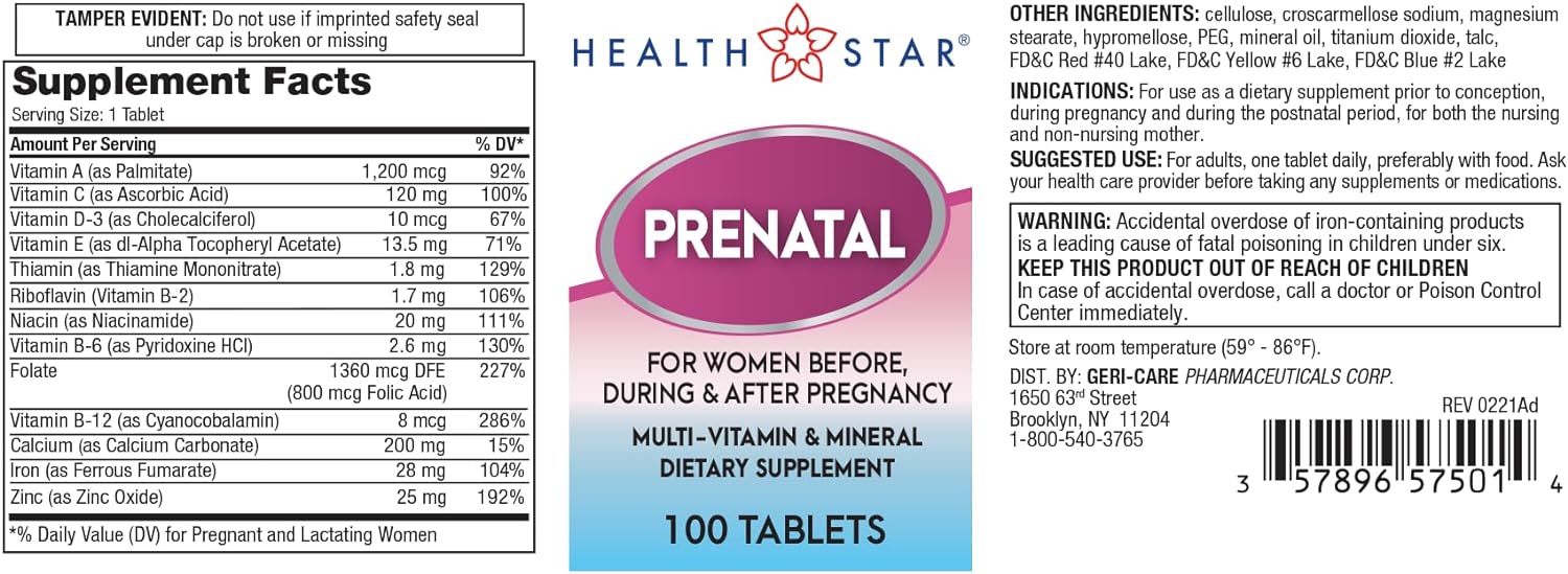 Supplement Facts for Prenatal Vitamin Supplement Tablets by HealthStar