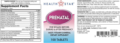Supplement Facts for Prenatal Vitamin Supplement Tablets by HealthStar