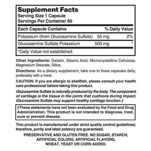 Supplement facts panel for Nature's Blend Glucosamine Sulfate 500mg Capsules