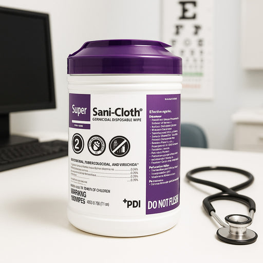 Super Sani-Cloth container on a desk with a stethoscope next to it, in an office setting.