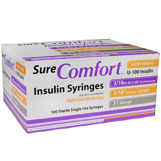 Sure Comfort Insulin Syringes 31 Gauge 3/10cc (0.3 ml) with 5/26 Length