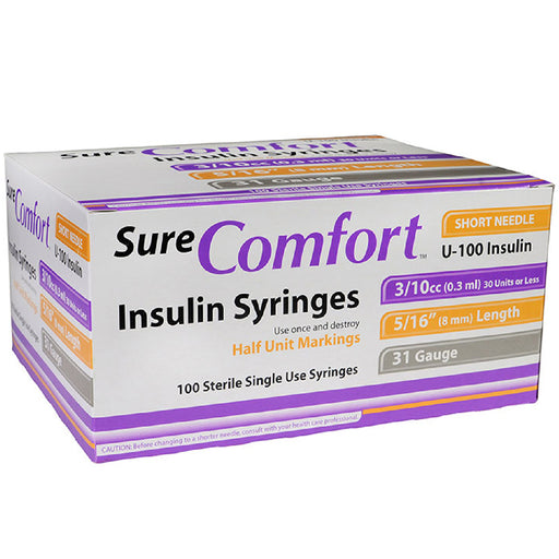 Buy Allison Medical Sure Comfort Insulin Syringes 31 Gauge 3/10cc (0.3 ml) with 5/26 Length 100/Box  online at Mountainside Medical Equipment