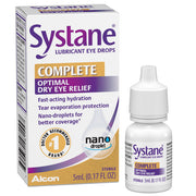 Silver box of Systane Complete Optimal Dry Eye Drops with purple and gold accents, 5mL bottle for eye hydration and relief