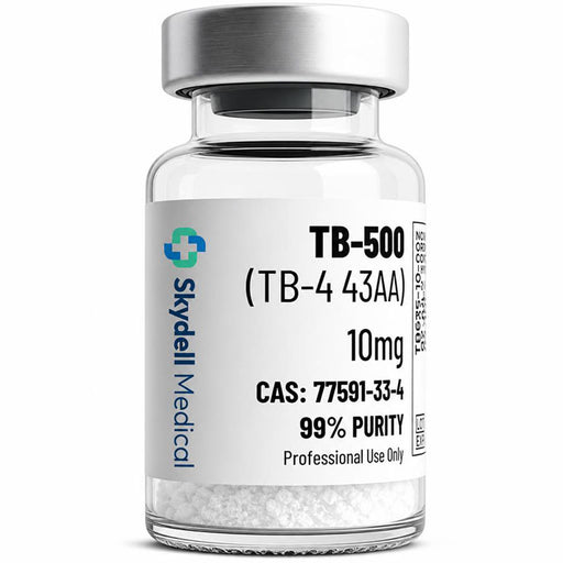 Clear glass vial containing TB-500 peptide 10mg with white crystalline powder, silver cap, and label displaying CAS number and purity for laboratory use