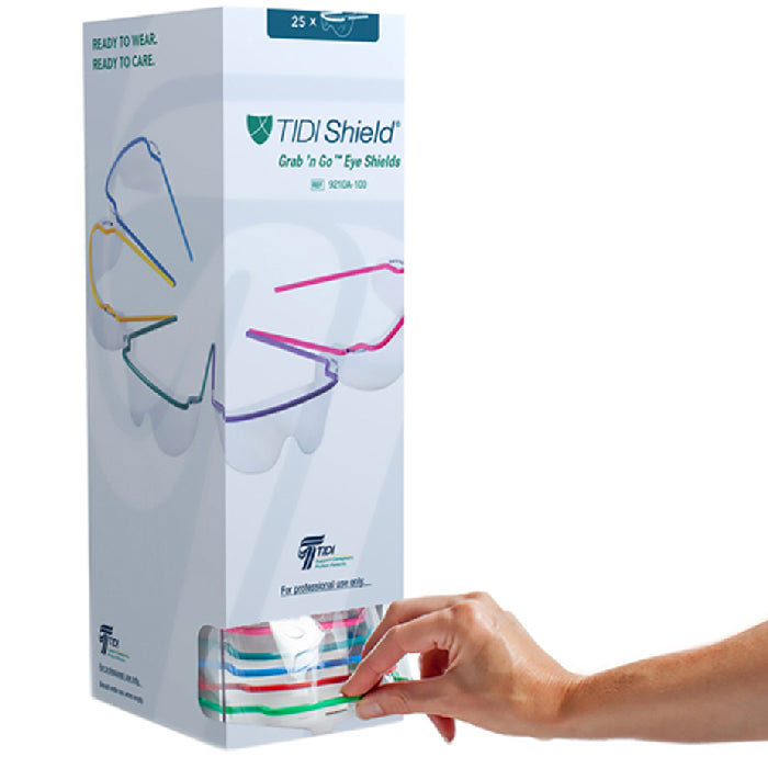 Tidi Products TIDIShield Protective Glasses with Dispenser Box Grab 'N Go Glasses Clear Tint Assorted Color Frames 25 Count Box | Buy at Mountainside Medical Equipment 1-888-687-4334