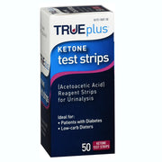 TRUEplus Ketone Test Strips (Acetoacetic Acid) Reagent Strips for Urinalysis – Box of test strips used to measure ketone levels in urine, featuring individual strips and instructions for easy home monitoring of ketosis and diabetic health.