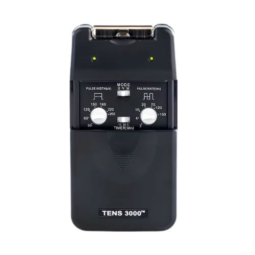 A black TENS 3000 electronic pulse massager device shown.