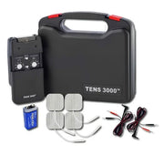 TENS 3000 muscle stimulator kit with a black control unit, black carrying case, four adhesive electrode pads, and attached wires.