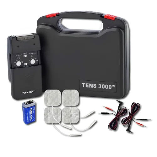 TENS 3000 muscle stimulator kit with a black control unit, black carrying case, four adhesive electrode pads, and attached wires.