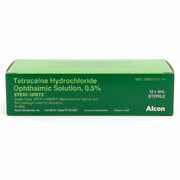 Green box packaging of Tetracaine Hydrochloride ophthalmic solution 0.5% with product details, designed for ocular procedures and eye anesthesia