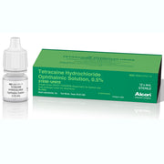 Sterile Tetracaine Hydrochloride ophthalmic solution 0.5% in small white dropper bottle with label, alongside green box packaging for eye anesthesia