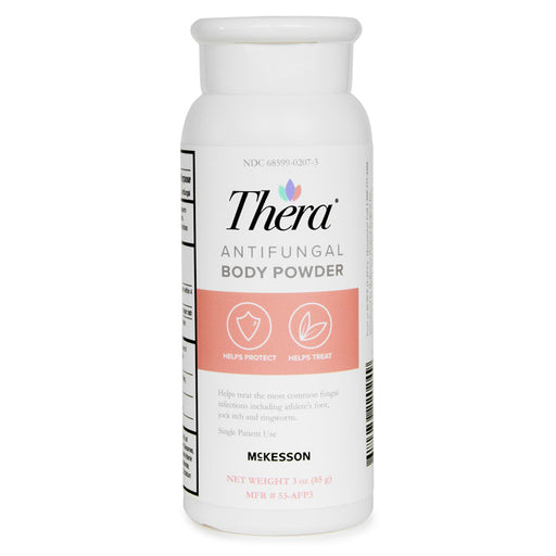Thera antifungal body powder bottle on a white background