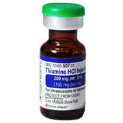 Thiamine HCI Injection 200 mg vial, vital for treating vitamin B1 deficiency, boosting energy, and supporting nerve and heart health.