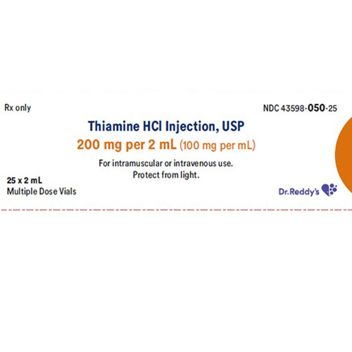 Thiamine Hydrochloride Injection | Thiamine Hydrochloride for Injection (Vitamin B1) Multi-Dose Vial 200 mg per 2 mL x 25/Tray- Dr. Reddy