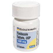 White plastic bottle of Rising Pharma Tinidazole 500 mg tablets with blue and yellow label, 12 tablets, Rx only, for infection treatment