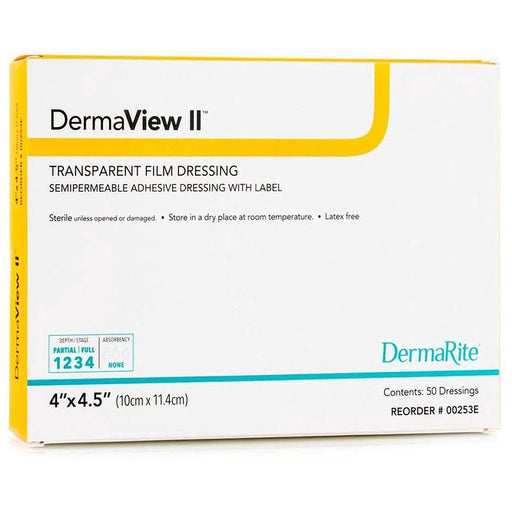DermaView II Transparent Film Dressing box by DermaRite, 50 count of 4x4.5 inch adhesive dressings.