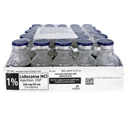Lidocaine Hydrochloride 1% Injection 20 mL tray of 25 vials in clinic, essential for local anesthesia and effective pain management.