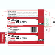 Tretinoin Cream 0.025% tube for acne treatment and anti-aging, reducing wrinkles, and improving skin texture and tone.